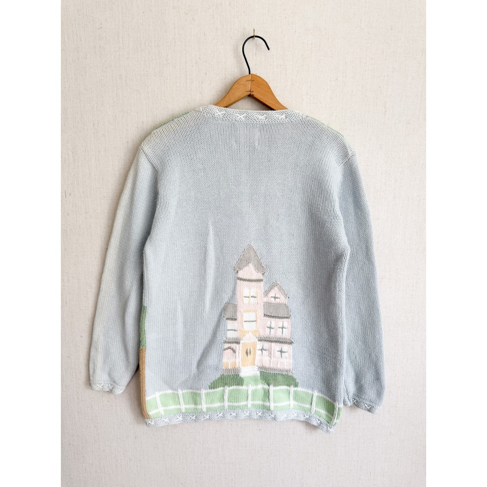 Storybook Knits Cardigan Victorian House Bicycle Novelty Small Blue Handknit S - Picture 7 of 10